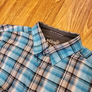 Kuhl Eluxur Plaid Shirt Men Large Blue Short Sleeve Button Down Hiking Outdoors